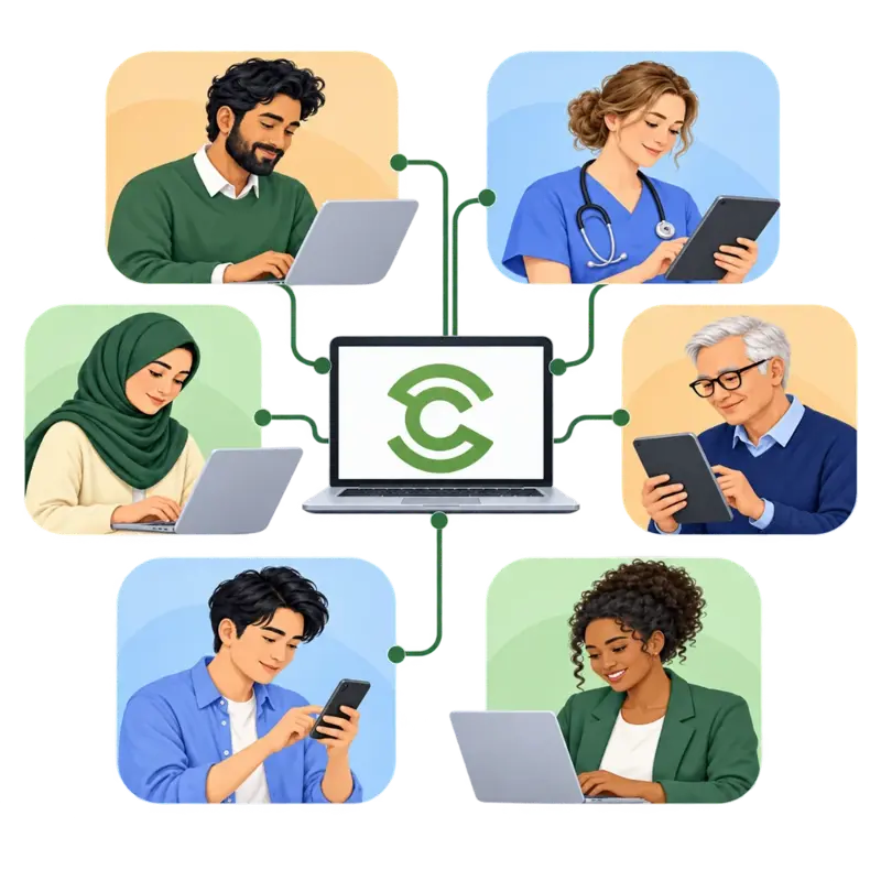 People in different workplaces and healthcare roles using Stress Control at Home on laptops, tablets and phones